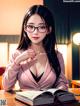 A woman sitting at a table with a book and glasses.